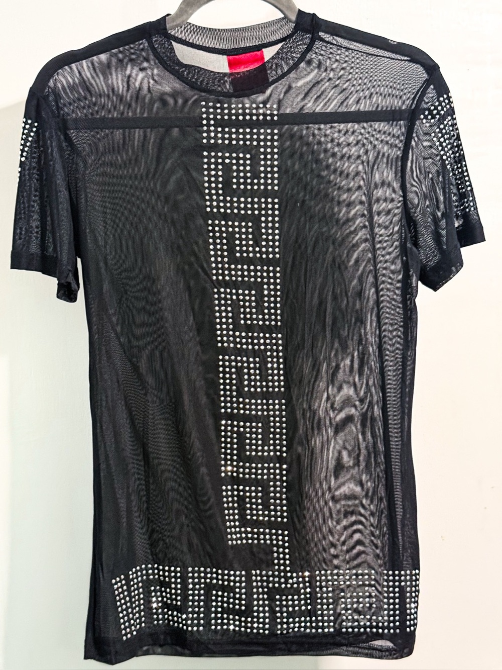 Black Sheer Mesh Rhinestone Top Women’s M Geometric Studded Layering Tee